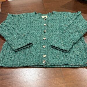 Carraig Donn Classic Green Tweed 100% Merino Wool Aran Irish Cable Knit Cardigan